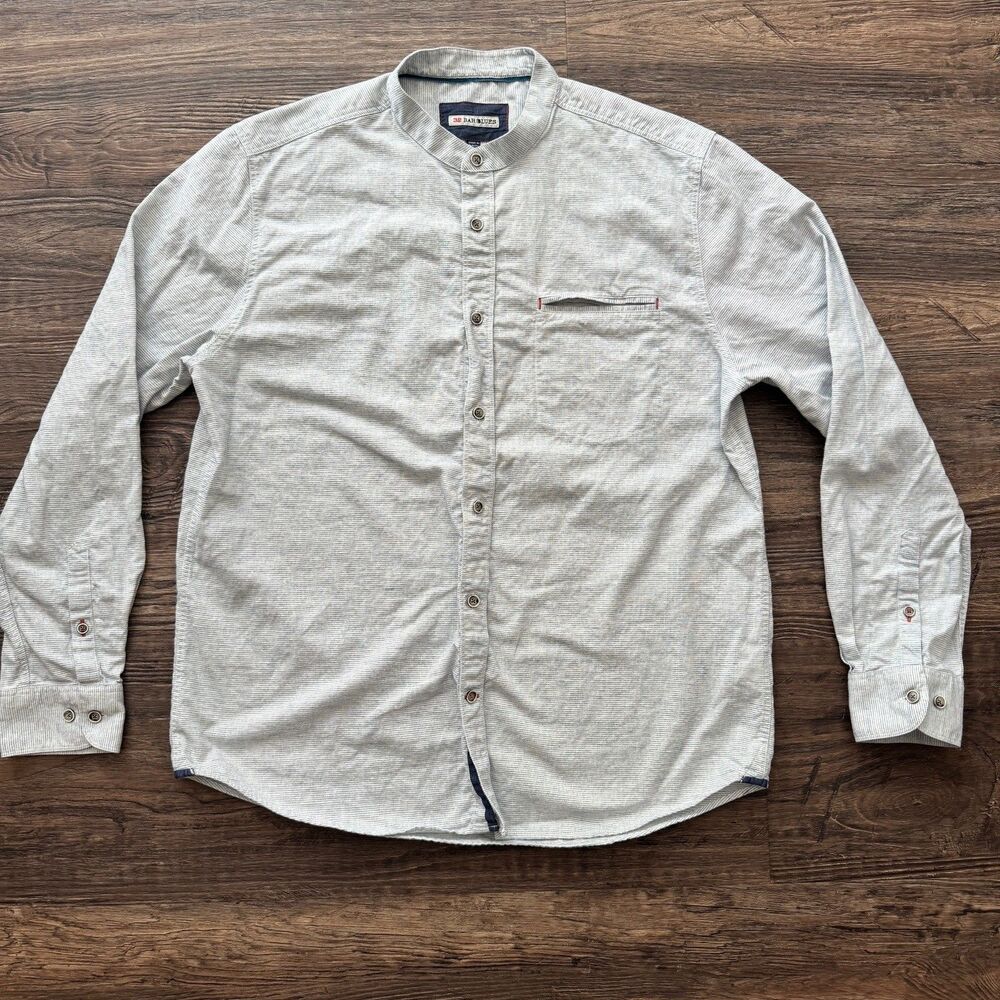 32 Bar Blues Button Down Shirt Mens L blue stripe Cotton/linen LS mock collar